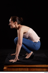 Whole Body Woman White Jeans Average Kneeling Top Studio photo references